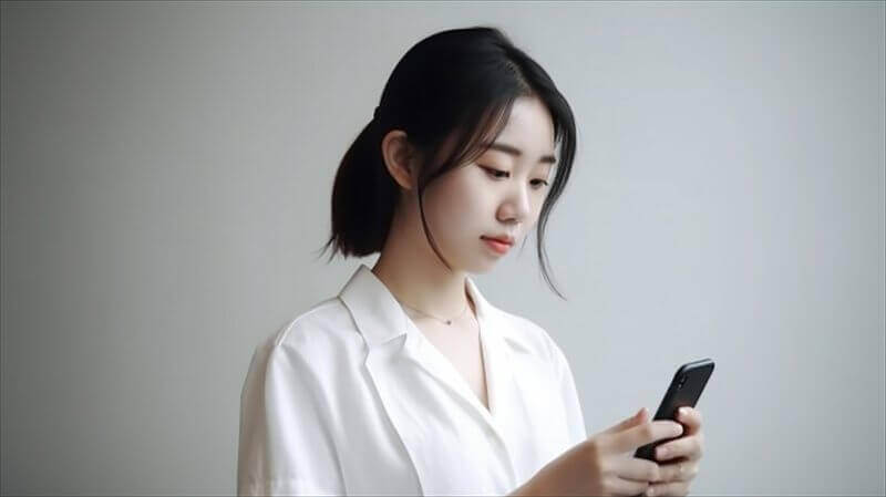 下を向いてのスマホ操作でおでこが前に出る。スマホあごのイメージ