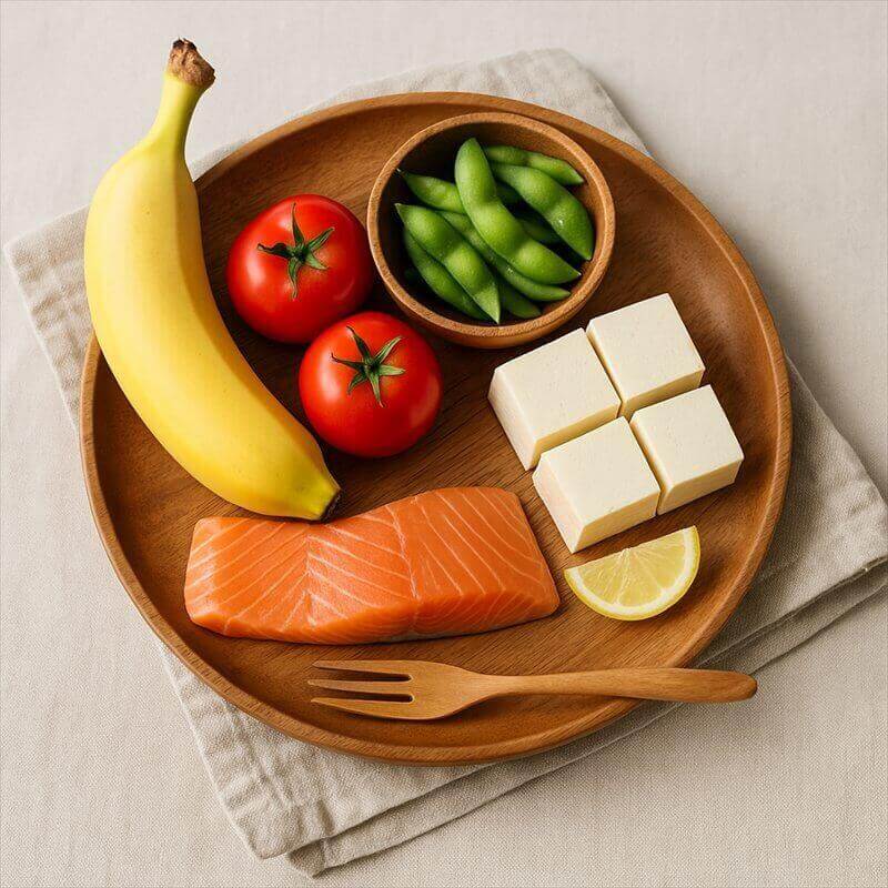 むくみに良い栄養食材の盛り合わせ(バナナ・トマト・枝豆・豆腐・サーモン・レモン)の木皿
