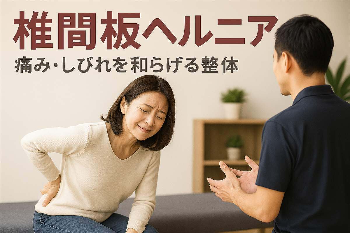 椎間板ヘルニアに悩む女性が柔道整復師に相談して安心している様子